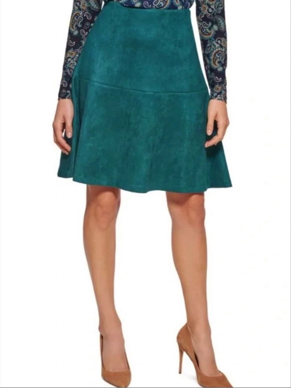 TOMMY HILFIGER Soft Faux Suede A-Line Skirt Lined Solid Green Knee Length 16